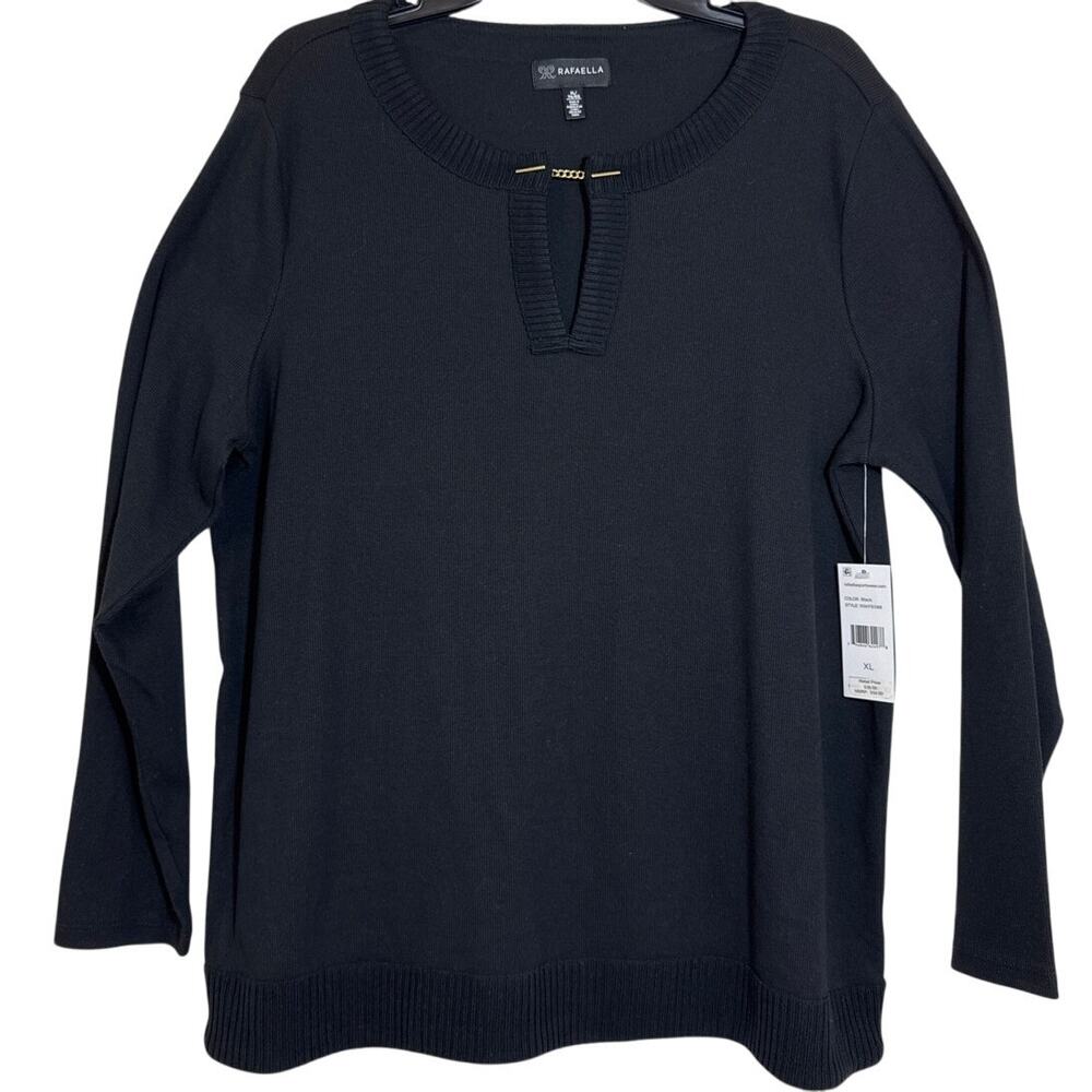 NWT Rafaella XL Black Sweater Top Gold Accent Keyhole Scoop Neck Ribbed Hem